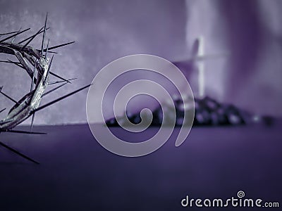 Lent Season,Holy Week and Good Friday concepts - the half image of crown of thorns in blurry purple vintage background Stock Photo