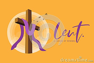 Lent, a season of renewal banner with lent cross crucifix in circle sunset and bird flying on yellow background vector design Vector Illustration