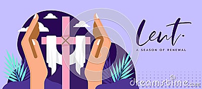 Lent, a season of renewal - big hands hold care lent cross crucifix and plam leaves on floor vector design Vector Illustration