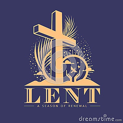 Lent, a season of renewal - Gold perspective cross crucifix sign palm leaves and hands are setting birds to freedom in the sun on Vector Illustration