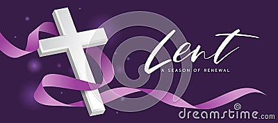 Lent, the season of renewal - white 3D cross crucifix with Line purple ribbon rolling and light around on dark background vector Vector Illustration