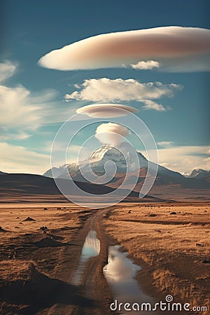 lenticular clouds hovering above a remote landscape Stock Photo