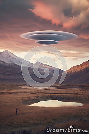lenticular clouds hovering above a remote landscape Stock Photo