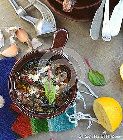 Lentil and mangold soup with lemon Stock Photo