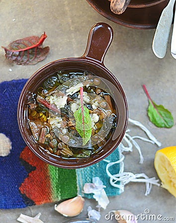 Lentil and mangold soup with lemon Stock Photo