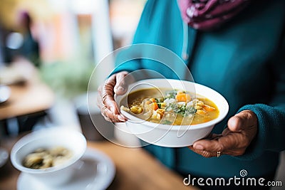 lentil soup being served at a community dinner Stock Photo