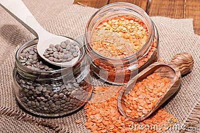 Lentils into two glass jars Stock Photo