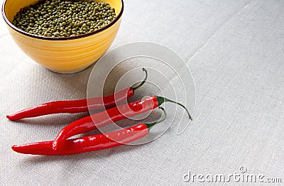 lentils vegetarian red hot chilli peppers food health Indian Oriental cuisin Stock Photo