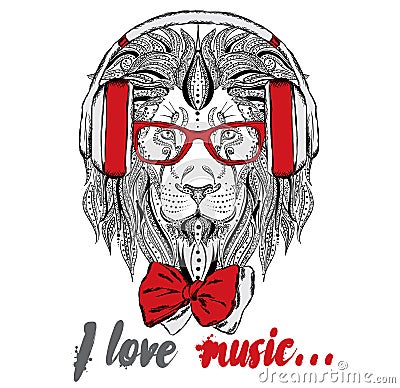 Leo headphones. Hipster. Lion in the ethnic style. Vector Illustration