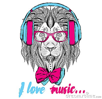 Leo headphones. Hipster. Lion in the ethnic style. Vector Illustration