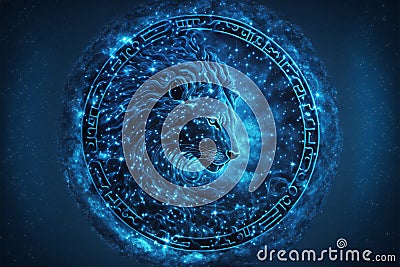 Leo horoscope sign in a circle of patterns on a starry glowing sky. Stock Photo