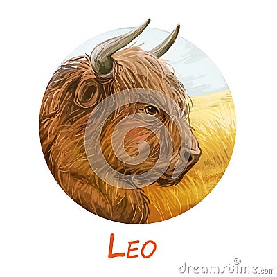 Leo metal ox year horoscope zodiac sign isolated. Digital art illustration of chinese new year symbol, astrology lunar Cartoon Illustration