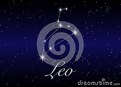 Leo zodiac constellations sign on beautiful starry sky with galaxy and space behind. Lion horoscope symbol constellation Vector Illustration