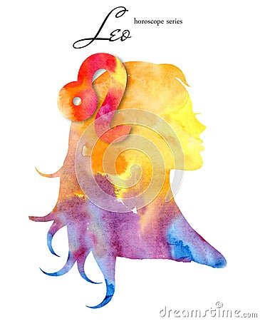 Leo zodiac sign. Beautiful girl silhouette. Watercolor illustration. Horoscope series Cartoon Illustration