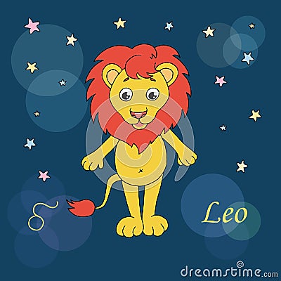 Leo zodiac sign on night sky background with stars Vector Illustration