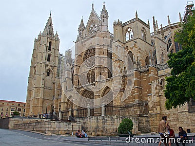 Leon, Spain - September 2018: Santa Maria de Leon Cathedral in Old Town of Leon, Spain Editorial Stock Photo