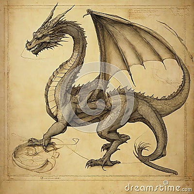 Leonardo Da Vinci Dragon Sketch Print Painting Monochrome Western Freestyle Paint Dinosaur Draw AI Art Stock Photo