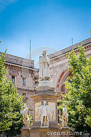 Leonardo da Vinci monument on Piazza Della Scala, Milan, Italy Editorial Stock Photo