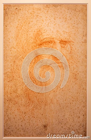 Leonardo da Vinci portrait on handmade cotton paper, Royal Library - Turin, Italy Editorial Stock Photo