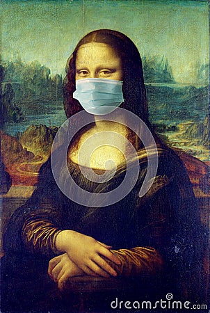 Leonardo da Vinci`s Mona Lisa painting with mask to protect himself from the Covid-19 coronavirus Editorial Stock Photo