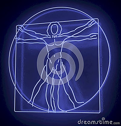 Leonardo Da Vinci's Vitruvian Man in a Blue Neon Tube, Quadratus, 3d rendering on black background Stock Photo