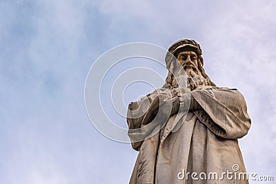 Leonardo Da Vinci Statue Milan Italy Blue Sky Closeup Portrait B Editorial Stock Photo