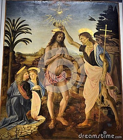 Leonardo`s painting, in which the baptism of Christ is represented, at the Uffizi museum in Florence. Editorial Stock Photo