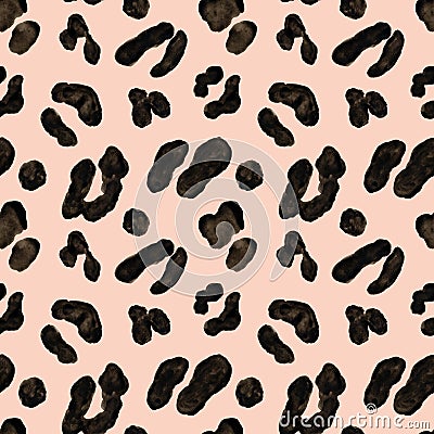 leopard animal skin seamless pattern. Watercolor hand drawn spots and wild cat fur rosettes on pink background. Stock Photo