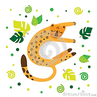 A leopard in a cartoon style lies in a clearing. Leopard on a white background with leaves. African animals. Vector Illustration