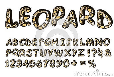 Leopard font. Hand drawn doodle alphabet of wildcats prints. Modern Uppercase letters and numbers on white background Vector Illustration