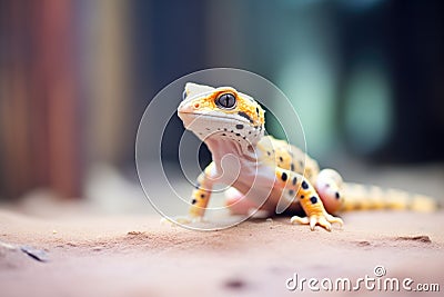 leopard gecko in a warm, sandy vivarium Stock Photo