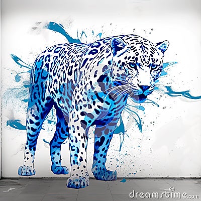 Leopard with Blue Splashes on White Background. Blue Predator. Digital Art. Generative AI Stock Photo