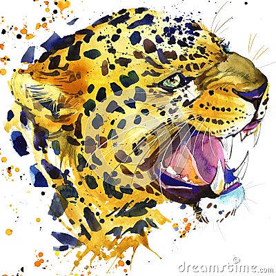 Leopard growls T-shirt graphics, leopard illustration with splash watercolor textured background. Cartoon Illustration