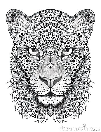 leopard head, black white outline for coloring book page, AI generative coloring card Cartoon Illustration