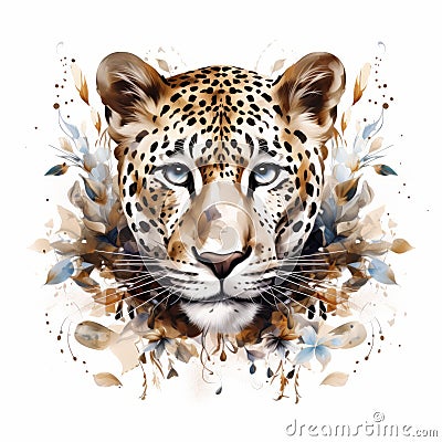 Leopard Head In Detailed Flora And Fauna Watercolor Art Stock Photo