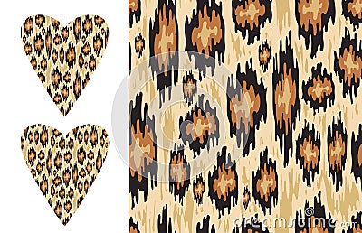 Leopard ikat texture and Distressed ikat pattern and Vector heart shape with wild print Vector Illustration