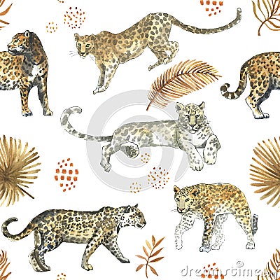 Leopard,jaguar cat animal seamless pattern with tropical golden leaves Stock Photo