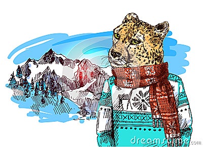 Leopard in mountains. Vector Illustration