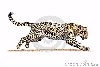 A leopard Panthera pardus leaps, viewed from the side, on a white background Stock Photo