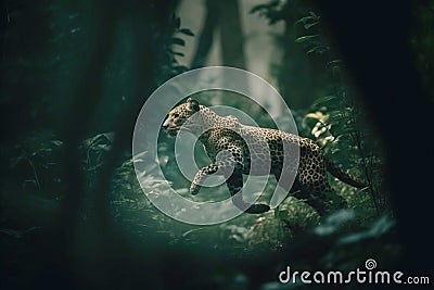 A leopard predator jumps out of the green jungle, close-up. Carnivore animal hunter of the wild. AI generated. Stock Photo