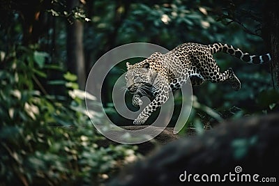 A leopard predator jumps out of the green jungle, close-up. Carnivore animal hunter of the wild. AI generated. Stock Photo