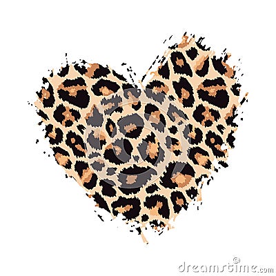 Leopard print textured hand drawn brush stroke heart shape. Abstract paint spot with wild animal cheetah skin pattern texture. Vector Illustration
