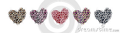 Leopard print textured hand drawn brush stroke heart shape set . Abstract paint spot with wild animal cheetah skin pattern texture Vector Illustration