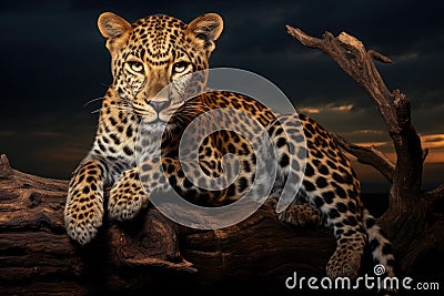 Leopard resting on a log in the evening, 3d render, African Leopard, Panthera pardus illuminated by beautiful light, resting on a Stock Photo