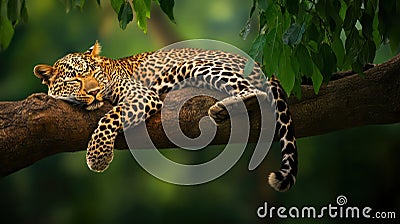 Leopard Resting in Tree: A serene image of a leopard resting in the branches of a tree Stock Photo