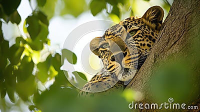 Leopard Resting in Tree: A serene image of a leopard resting in the branches of a tree Stock Photo