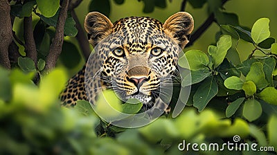Leopard Resting in Tree: A serene image of a leopard resting in the branches of a tree Stock Photo