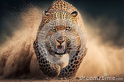 Leopard running, aggressive, hunting and attacking, predator, Generative AI Stock Photo