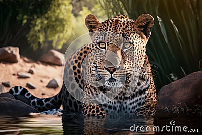 Leopard on savannah background, Generative AI Cartoon Illustration