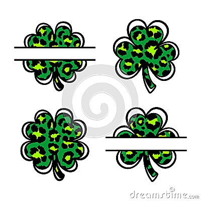 Leopard shamrock icons, Four leaf clover icons. Clover symbol of St. Patrick's Day, Lucky clover split monogram Vector Illustration